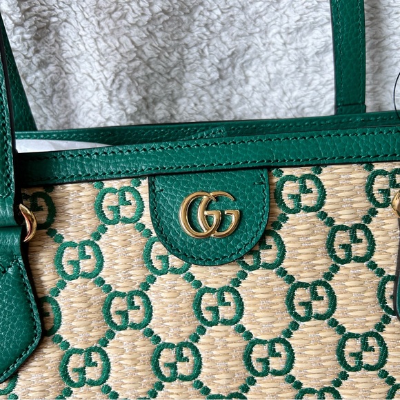NWT Authentic Gucci Special Edition Straw Woven GG Ophidia Tote Bag NaturalGreen - Picture 2 of 14